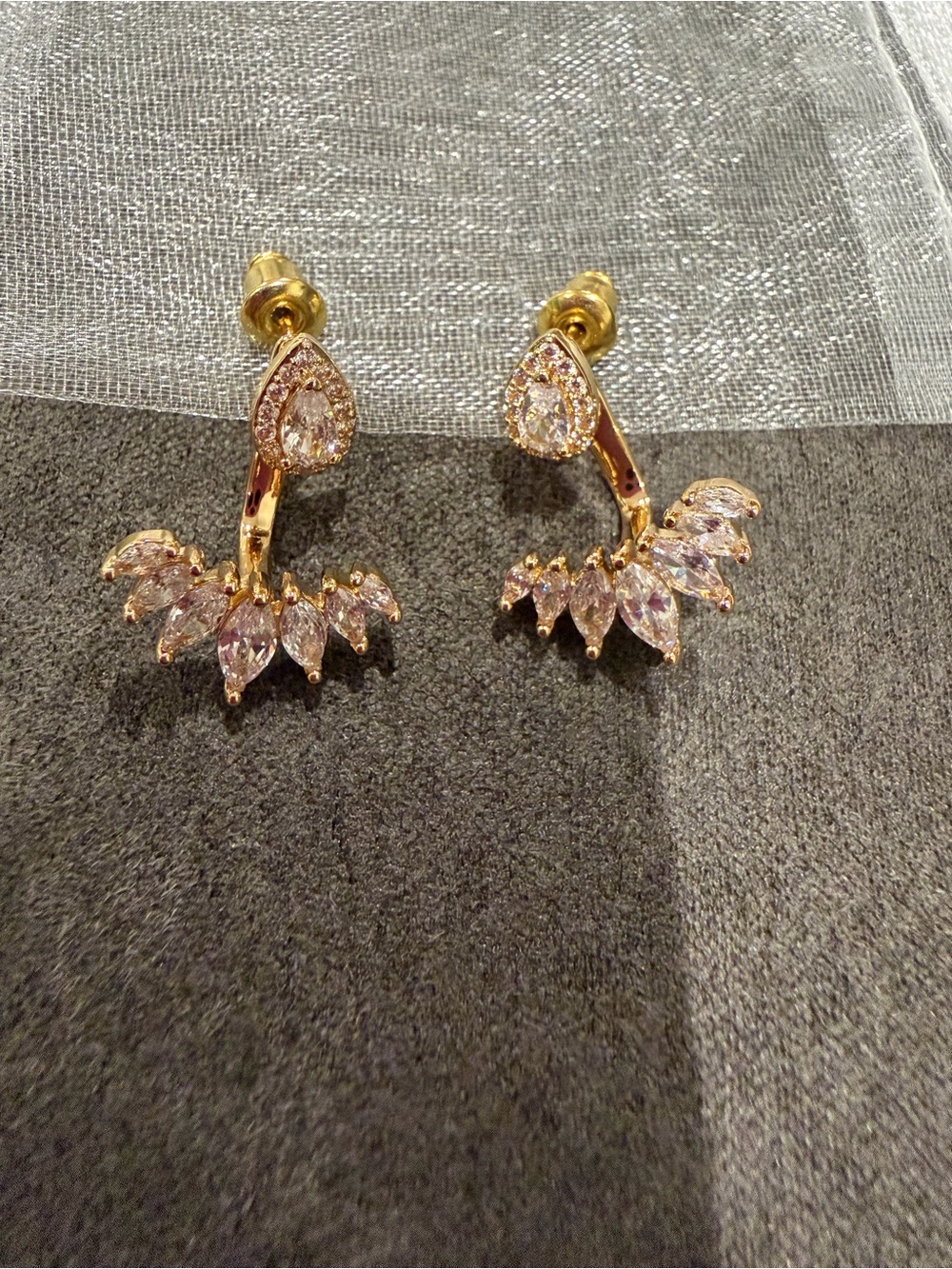 Rose Gold Pink Crystal Ear Jacket Earrings with Teardrop Studs